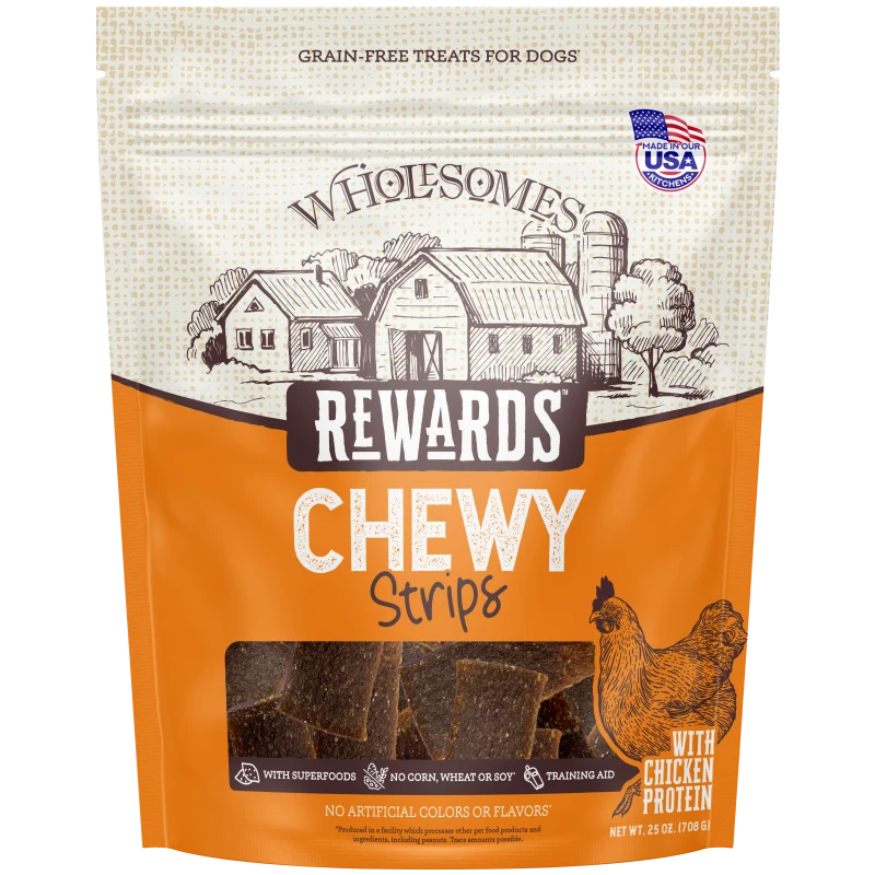 Wholesomes Chewy Chicken Dog Treats in a 25 oz bag, featuring chewy strips with chicken protein, grain-free, and USA-made.