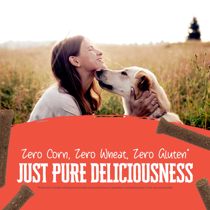 Talis Us Wholesomes Beef Sticks Dog Treats with a woman and dog in a field, emphasizing zero corn, wheat, or gluten.