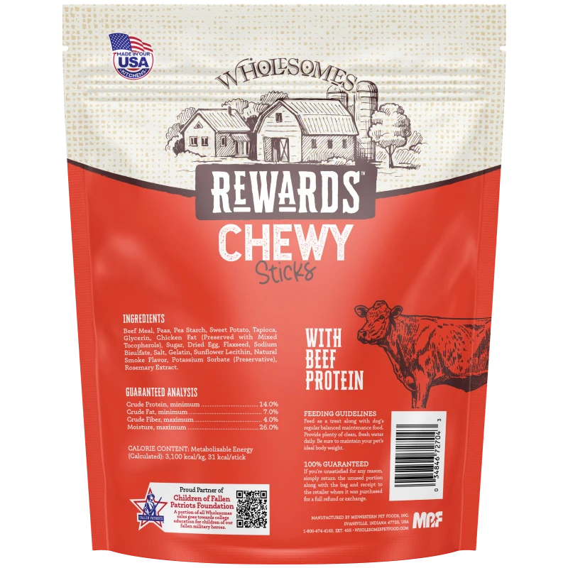 Talis Us Wholesomes Beef Sticks Dog Treats package featuring a red background, cow graphic, and ingredient list.