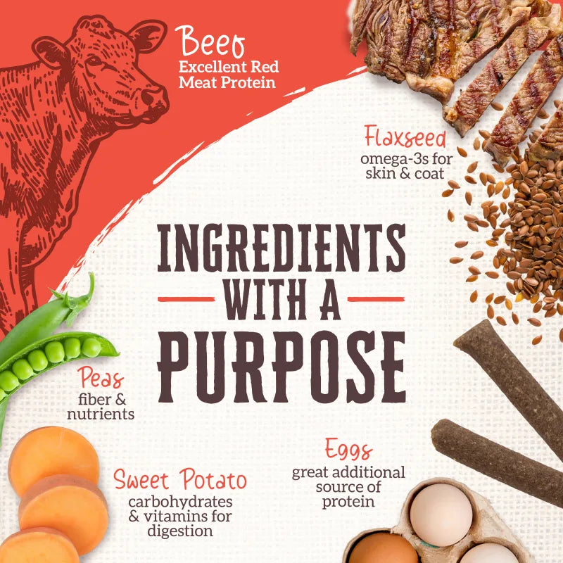 Talis Us Wholesomes Beef Sticks Dog Treats featuring beef, flaxseed, peas, sweet potato, and eggs for healthy pups.