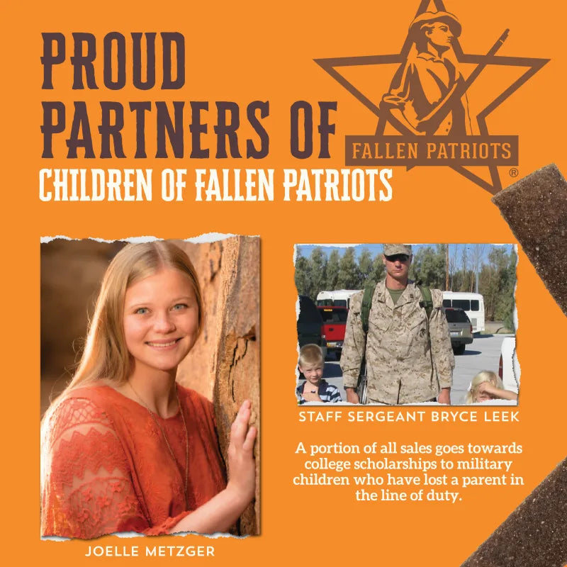 Talis Us Wholesomes Chewy Chicken Dog Treats packaging featuring a partnership with Children of Fallen Patriots.