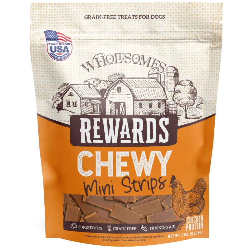 Talis Us Wholesomes Chewy Chicken Dog Treats package featuring mini strips, grain-free, with a farm illustration and chicken 