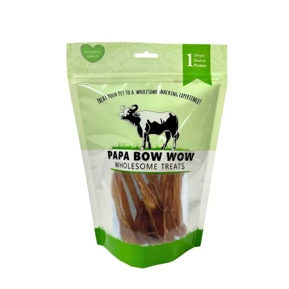 Papa Bow Wow buffalo tendon dog treats in a resealable bag for wholesome snacking