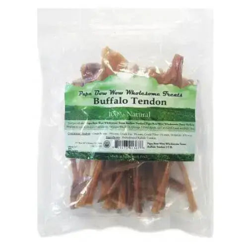 Papa Bow Wow Buffalo Tendon Dog Treats in a clear bag for natural pet snacks