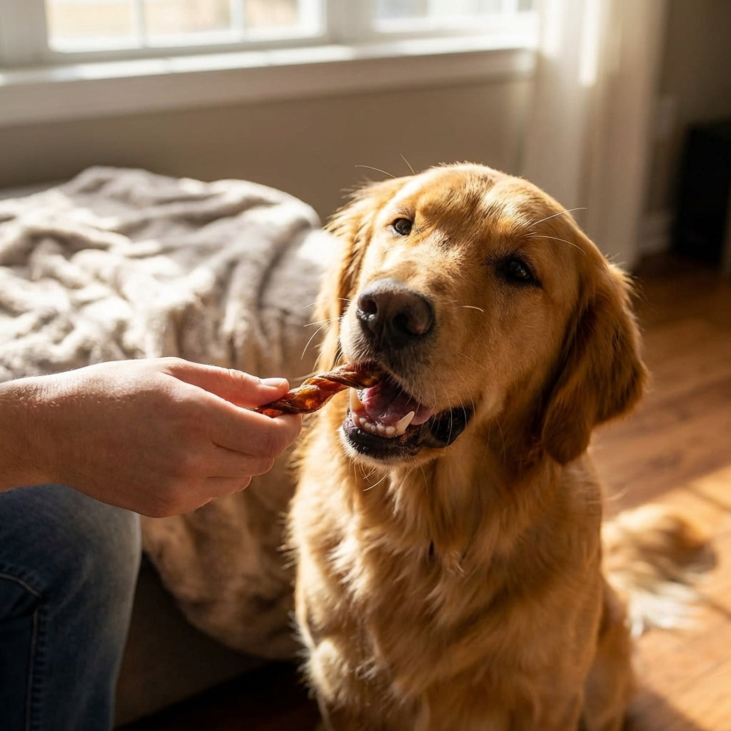 Person offering a beef jerky spring treat to a dog, highlighting the treat's shape and engagement scene.