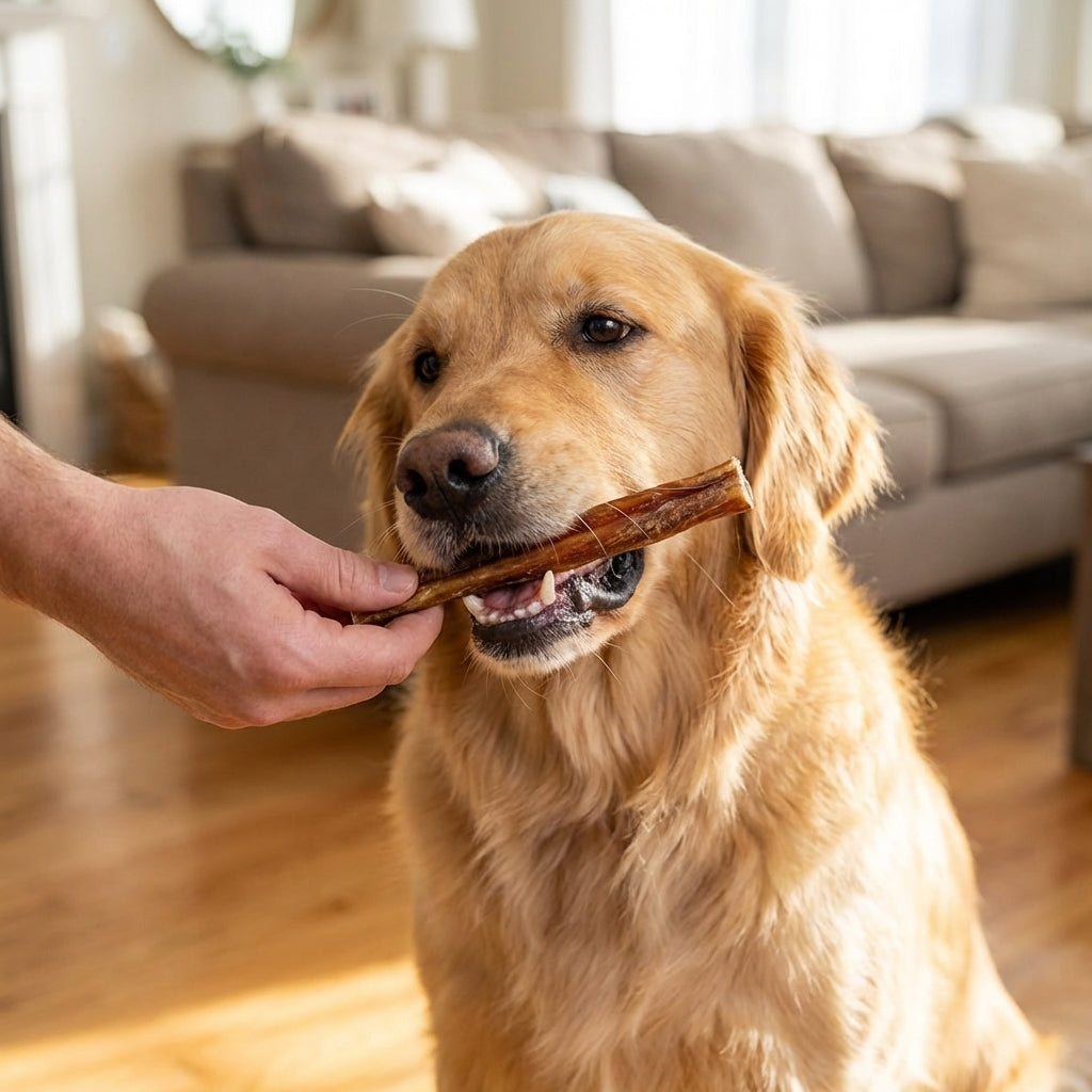 Pet owner giving a dog a treat in a bright, friendly setting, showcasing a happy interaction with the natural dog chew.
