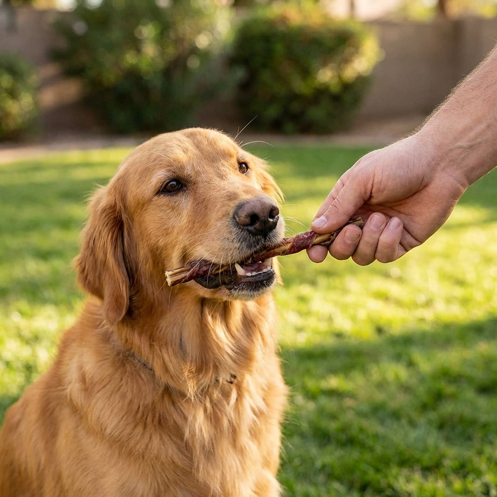 Person offering a flavorful bully stick treat to a dog, highlighting interactive pet care in a home environment.