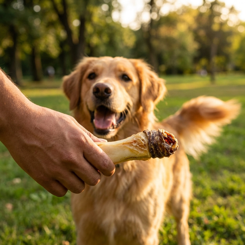 Person offering a treat to a dog, demonstrating a happy pet receiving a healthy reward.