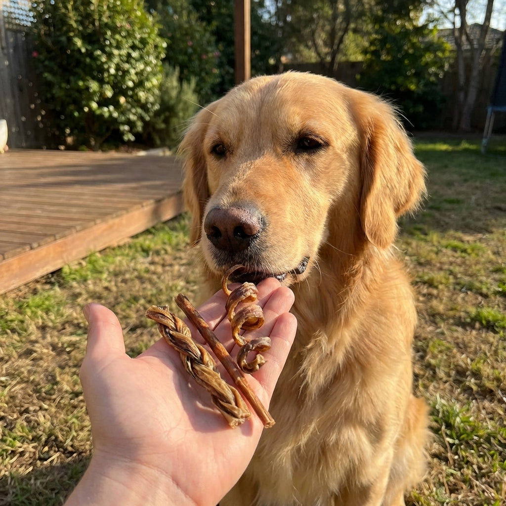 Person offering a dog a treat, capturing a moment of pet care and interaction.