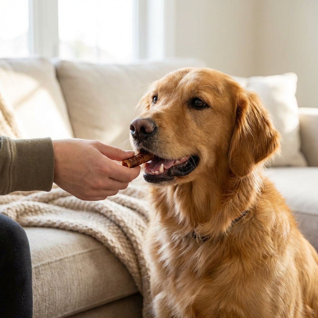 Person offering a treat to a dog, capturing the moment of rewarding furry companionship outdoors.