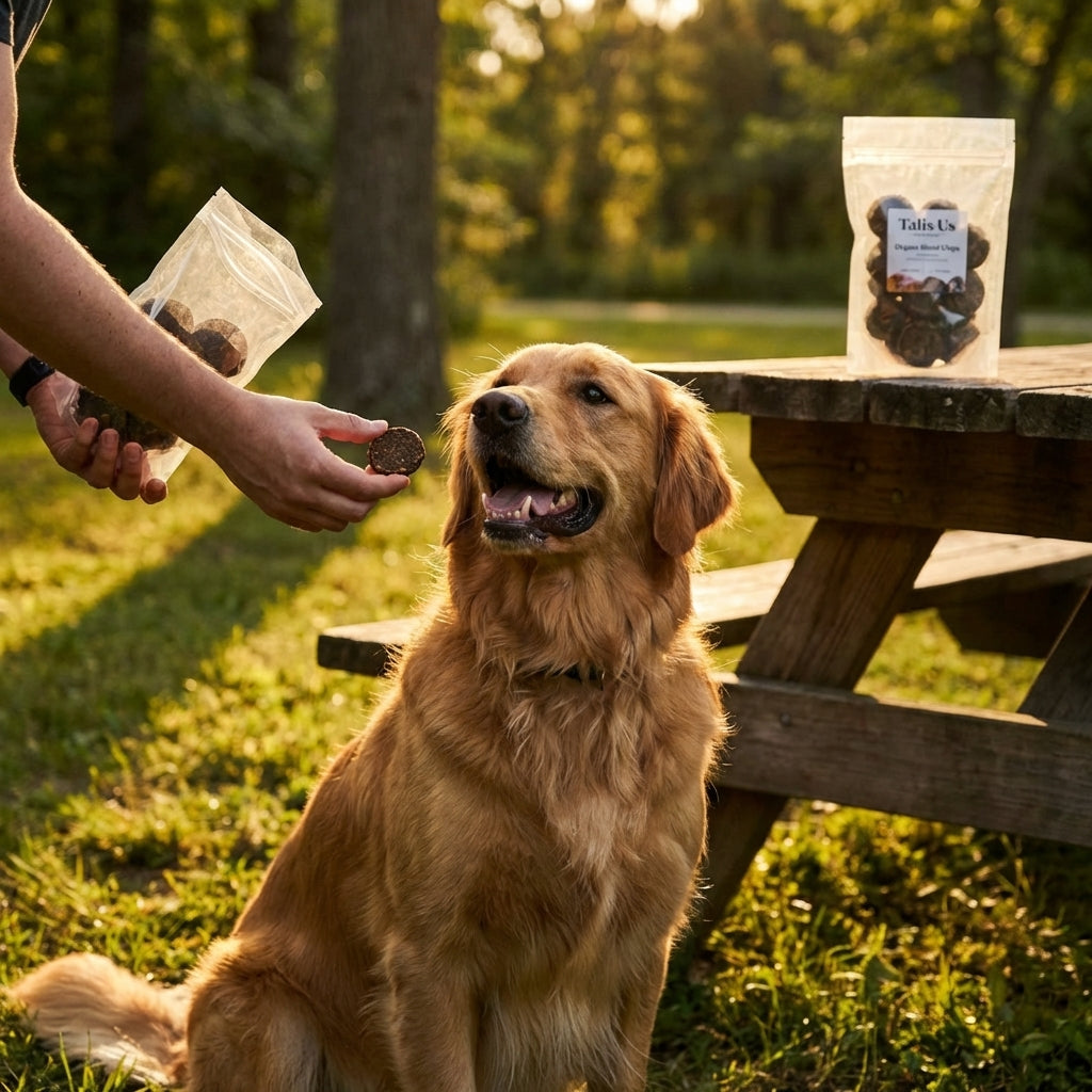 Person offering a dog a treat, capturing a friendly interaction with focus on the treat and dog's eager expression.
