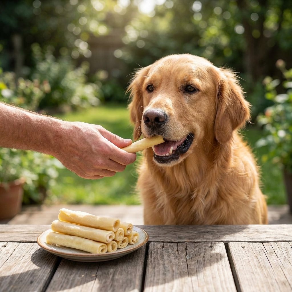 Person offering a healthy cow tail dog treat to a dog outdoors, highlighting treat time and dog care.