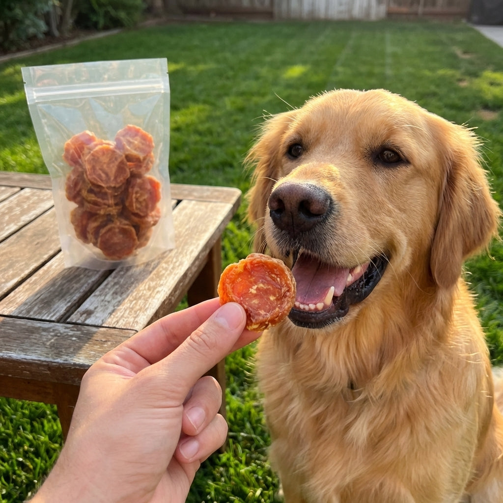 Person giving a Talis Us Chicken Chips treat to a dog outdoors, capturing a moment of pet treat feeding.