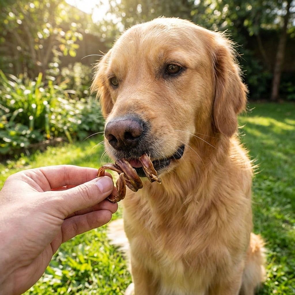 Person offering a dog a treat outdoors, capturing a friendly and natural pet-owner interaction.