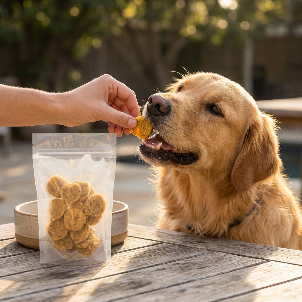 Person offering a treat to a dog, highlighting the treat-giving moment.