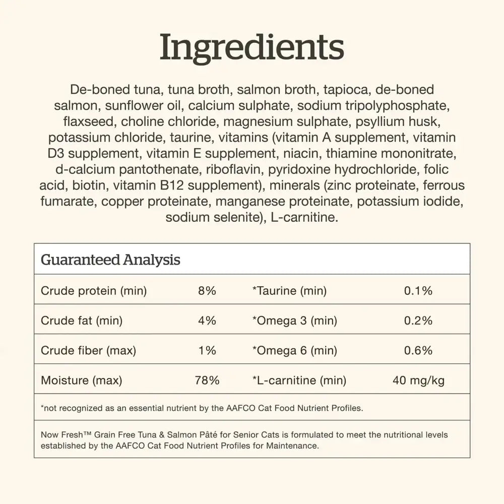 Petcurean Now Fresh Tuna & Salmon Grain Free Senior Wet Cat Food 24ea/2.5 oz - Talis Us