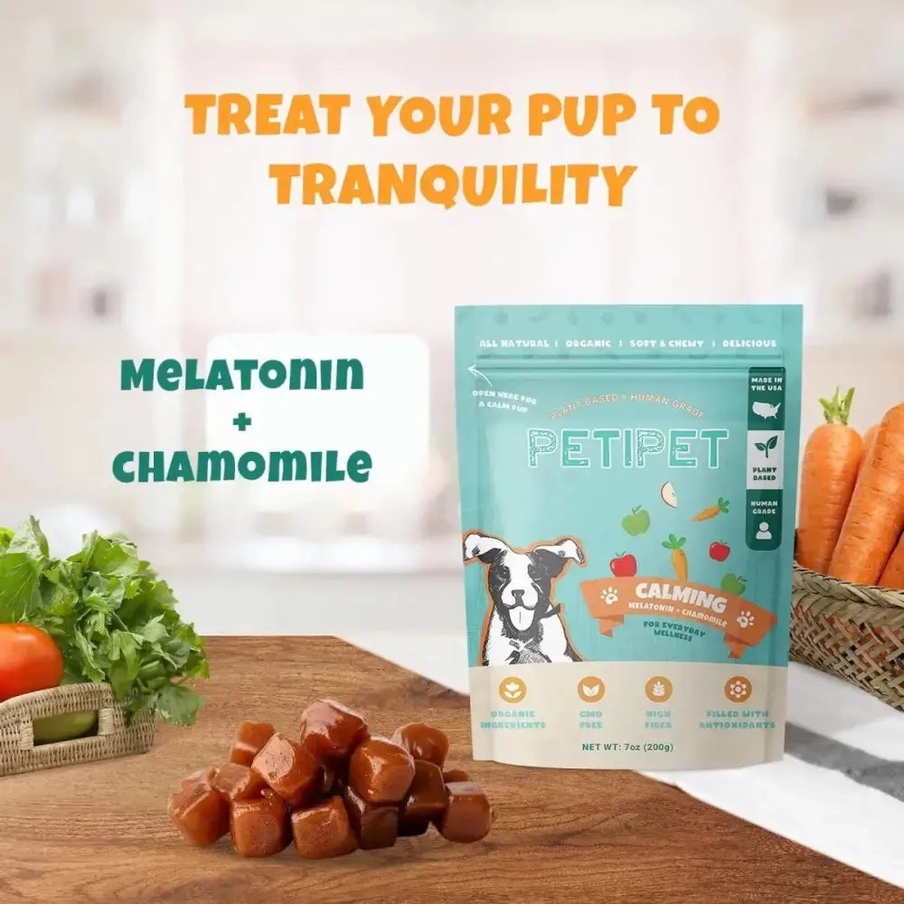 PETIPET Calming Bites with Melatonin + Chamomile Apple & Carrot Flavored Soft Chew Calming Supplement for Dogs 7oz - Talis Us