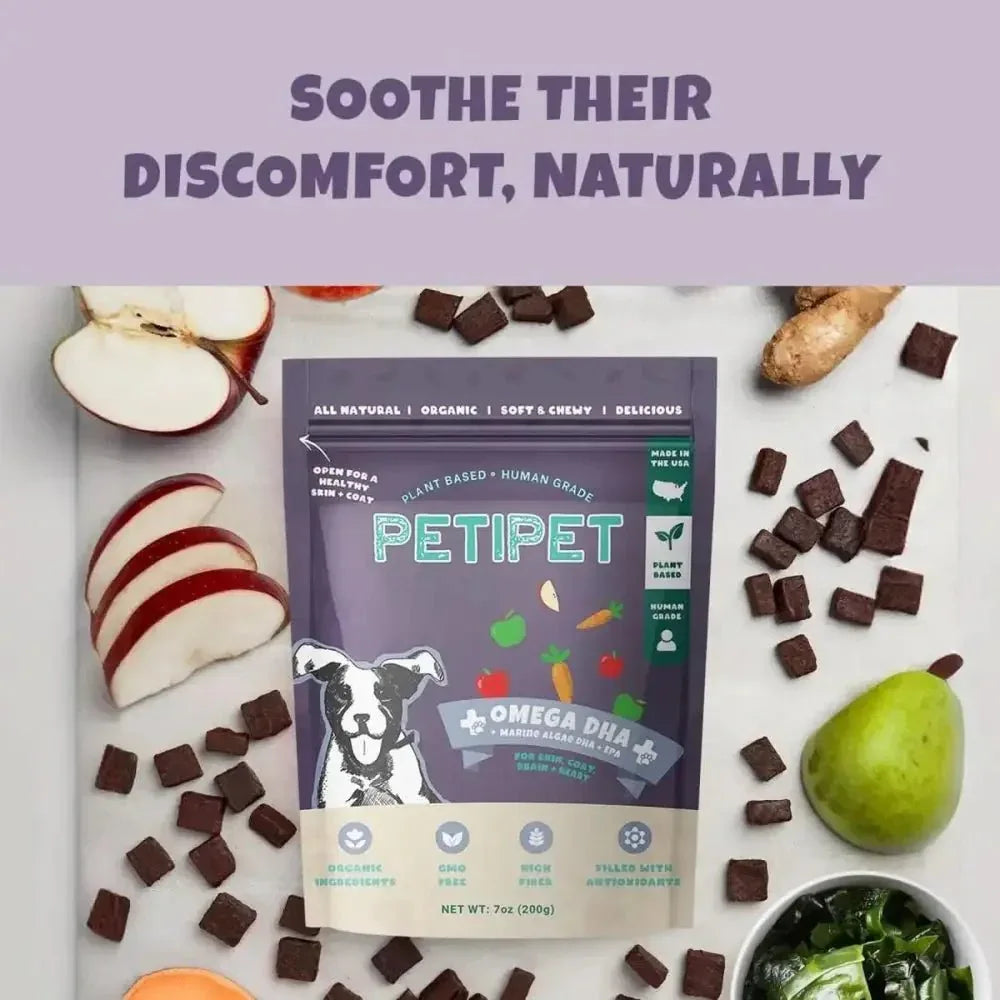 PETIPET Omega DHA Bites with Marine Algae DHA + EPA Apple & Carrot Flavored Soft Chew Brain & Heart Health Supplement for Dogs 7oz - Talis Us