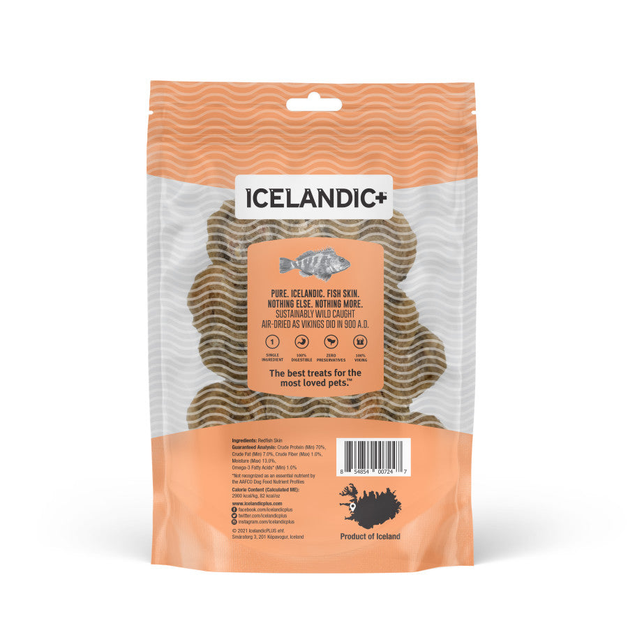 Icelandic+ Redfish Skin dog treats in a clear and orange resealable bag with a fish illustration.