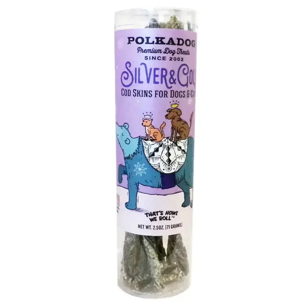 Polka Dog Holiday Tube Silver Gold Cod Skin Cat Dog Treats 2.5oz - Talis Us
