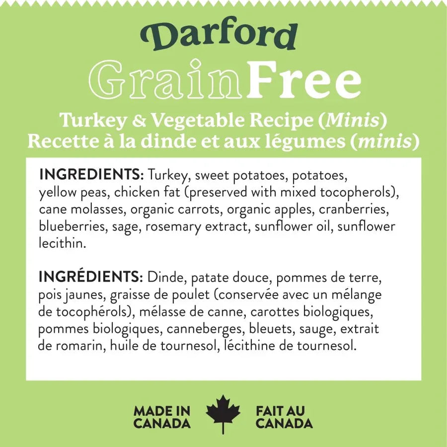 Grain-free turkey and vegetable recipe dog treats by Darford, featuring ingredient list and a Canadian flag.
