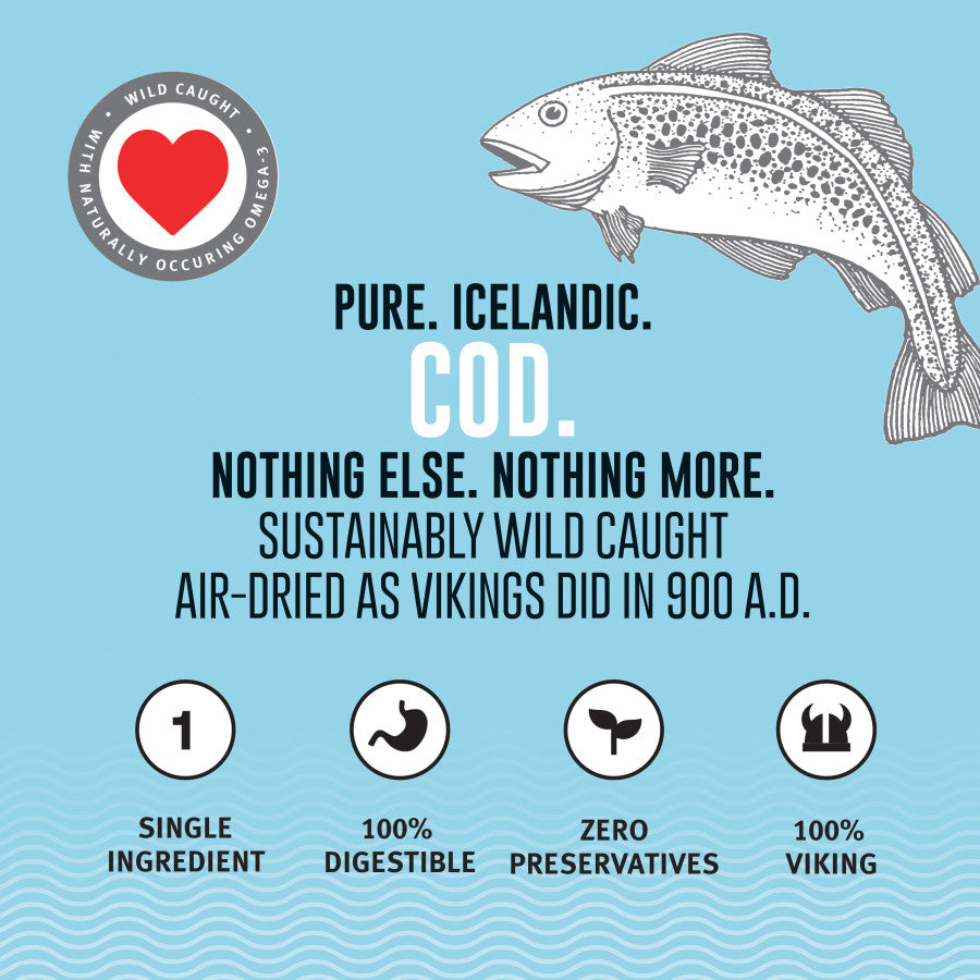 Infographic for Icelandic Cod snacks: single ingredient, 100% digestible, and zero preservatives.