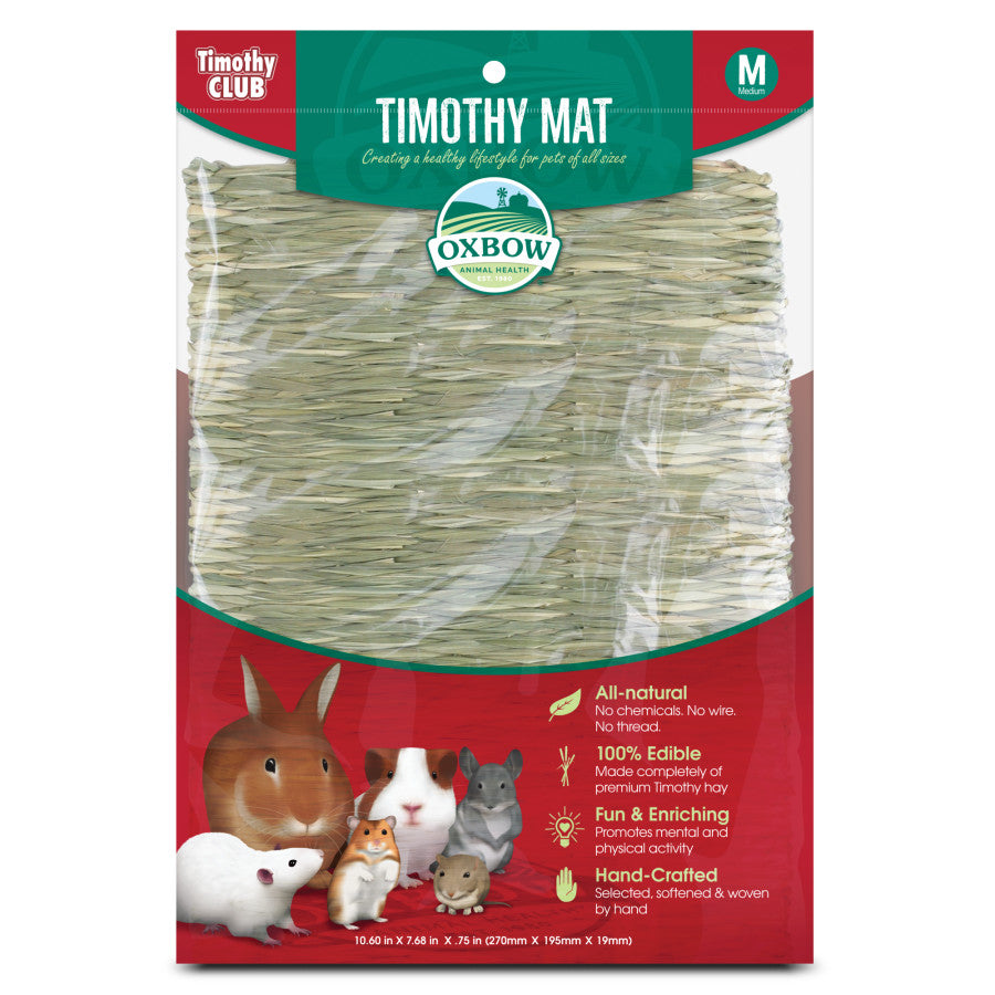 Oxbow Timothy CLUB Mat, a hand-woven edible hay mat for small pets like rabbits and guinea pigs.
