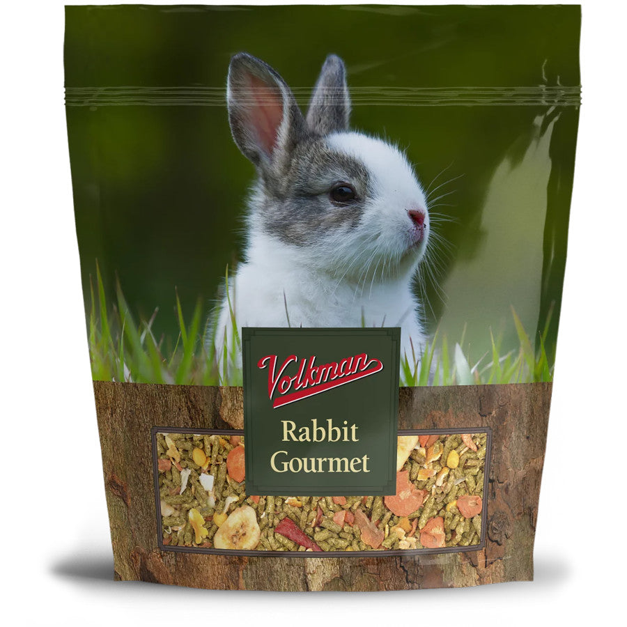 Volkman Rabbit Gourmet food bag featuring a white and grey rabbit and a clear window showing mix.