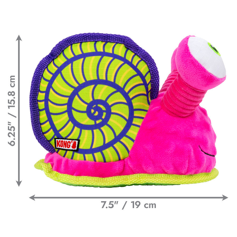 KONG Tropics Snail Dog Toy in vibrant pink and green, featuring a spiral shell and soft texture for playful fetch.