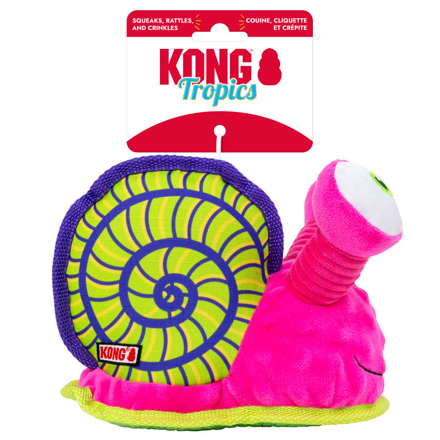 KONG Tropics Snail Dog Toy in vibrant pink and green, featuring a spiral shell and squeaker for interactive play.