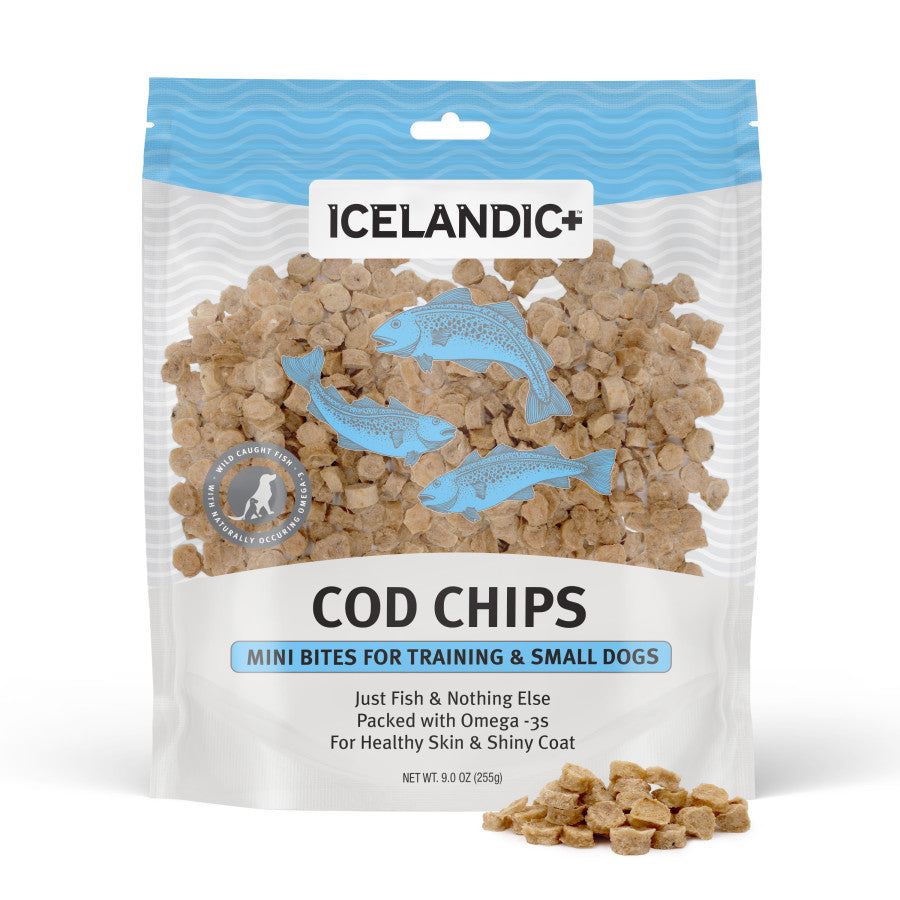 Bag of Icelandic+ Cod Chips mini bites for training and small dogs, 9.0 oz.