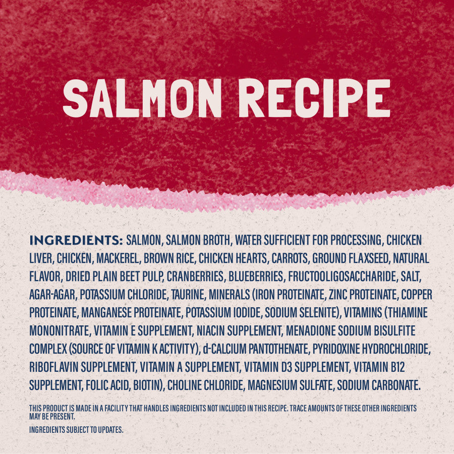 Natural Balance Ultra Premium Wet Cat Food Salmon Recipe ingredients list including salmon, chicken liver, and cranberries.