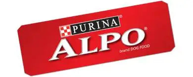 Red rectangular package of purina alpo brand dog food.