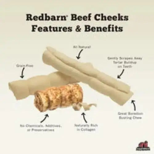 Redbarn beef cheek roll dog treat showcasing features and benefits for pets with natural ingredients