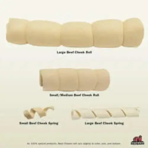 Various sizes of beef cheek roll dog treat including large, small, and medium options for dogs