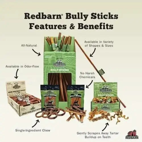 Redbarn odor free bully spring dog chews in various shapes and sizes for healthy chewing