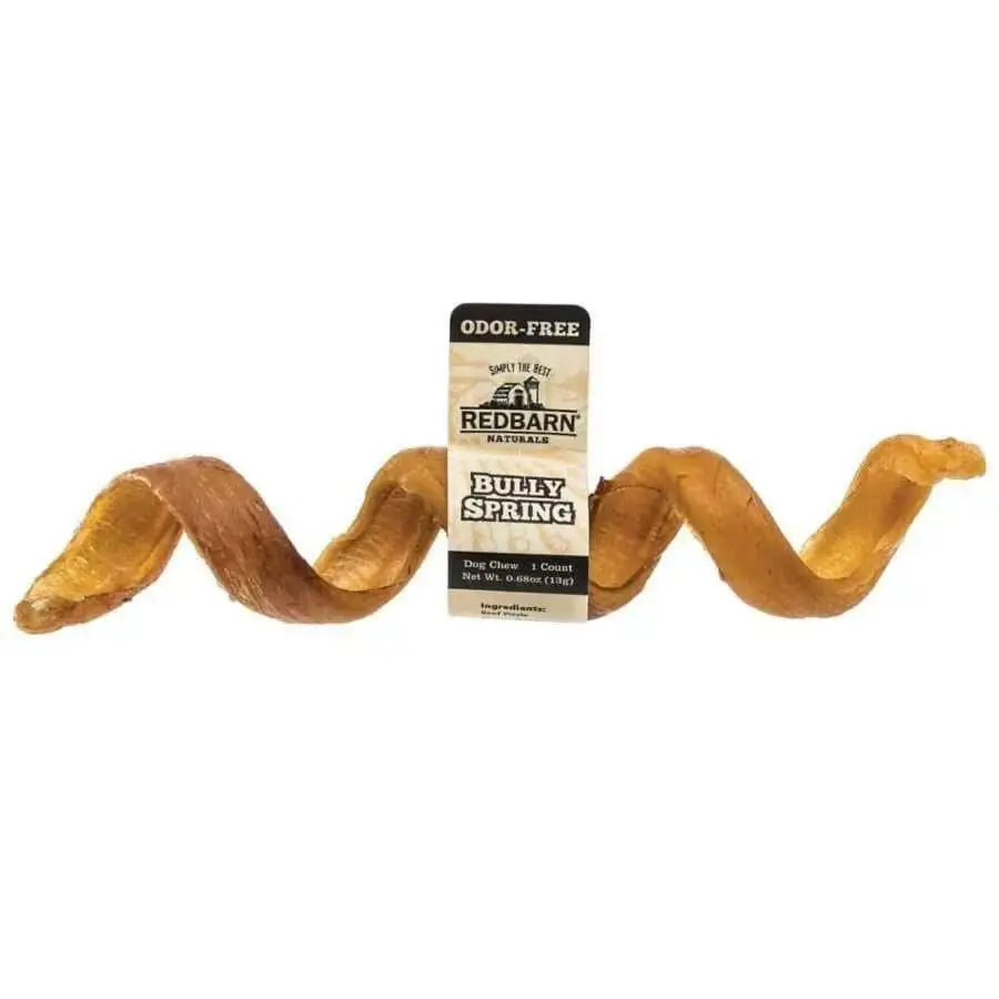 Redbarn odor free bully spring dog chews in a twisted shape, perfect for long-lasting chew sessions