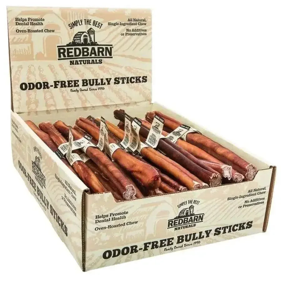 Redbarn odor free bully stick for dogs in a display box promoting dental health and natural chewing