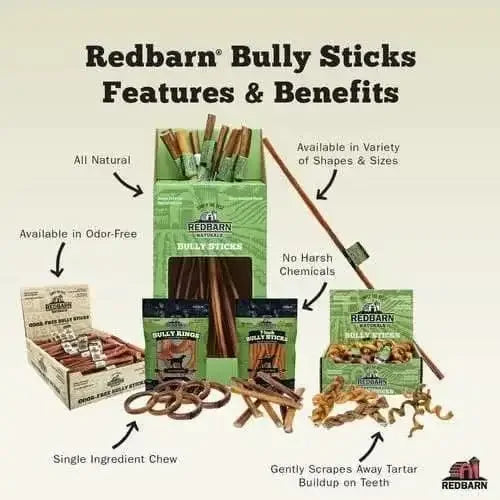 Redbarn Bully Sticks for dogs showcasing various shapes and sizes, all natural and odor free bully stick for dogs