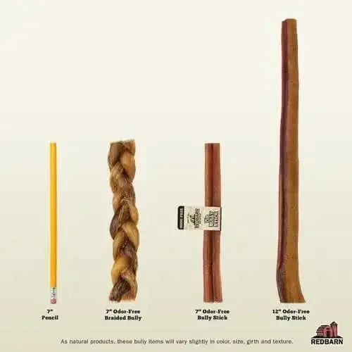 Variety of Redbarn odor free bully stick for dogs in different sizes and shapes next to a pencil for scale