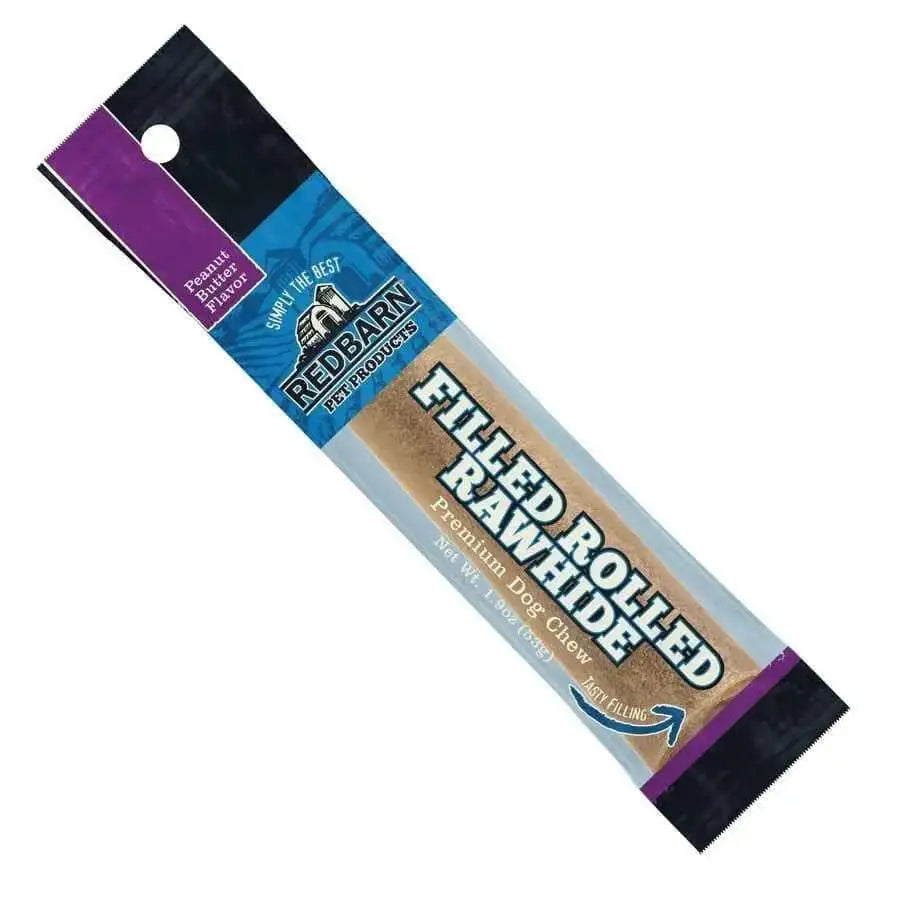 Redbarn peanut butter rawhide dog chew, premium filled rolled treat for your canine's enjoyment