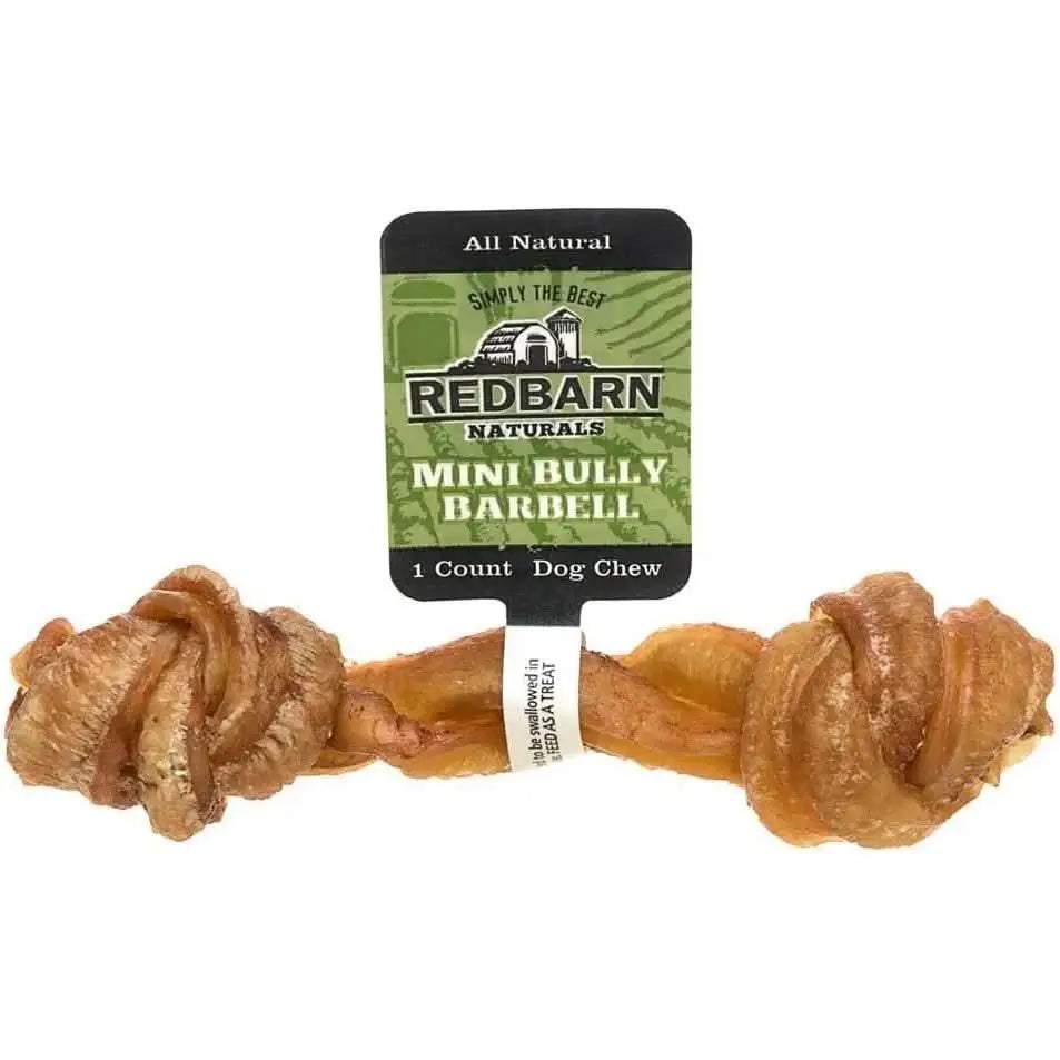 A Redbarn Pet Products Bully Barbells Dog Treat, an all-natural chew made from steer muscle to promote oral health, features a barbell shape with knotted ends and is shown against a white background.