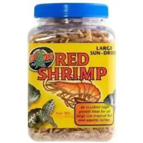 Zoo Med Laboratories large sun-dried red shrimp reptile food in a clear jar for aquatic turtles and reptiles