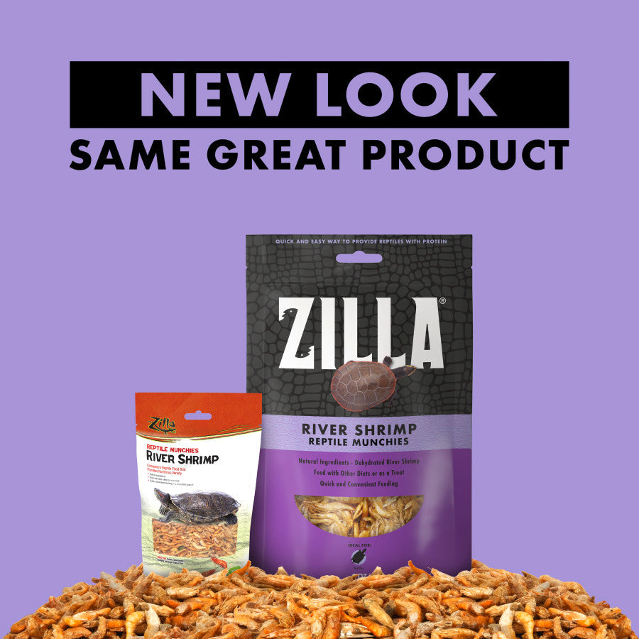 Zilla Freeze Dried River Shrimp Munchies for Reptiles, featuring new packaging with shrimp snacks displayed.