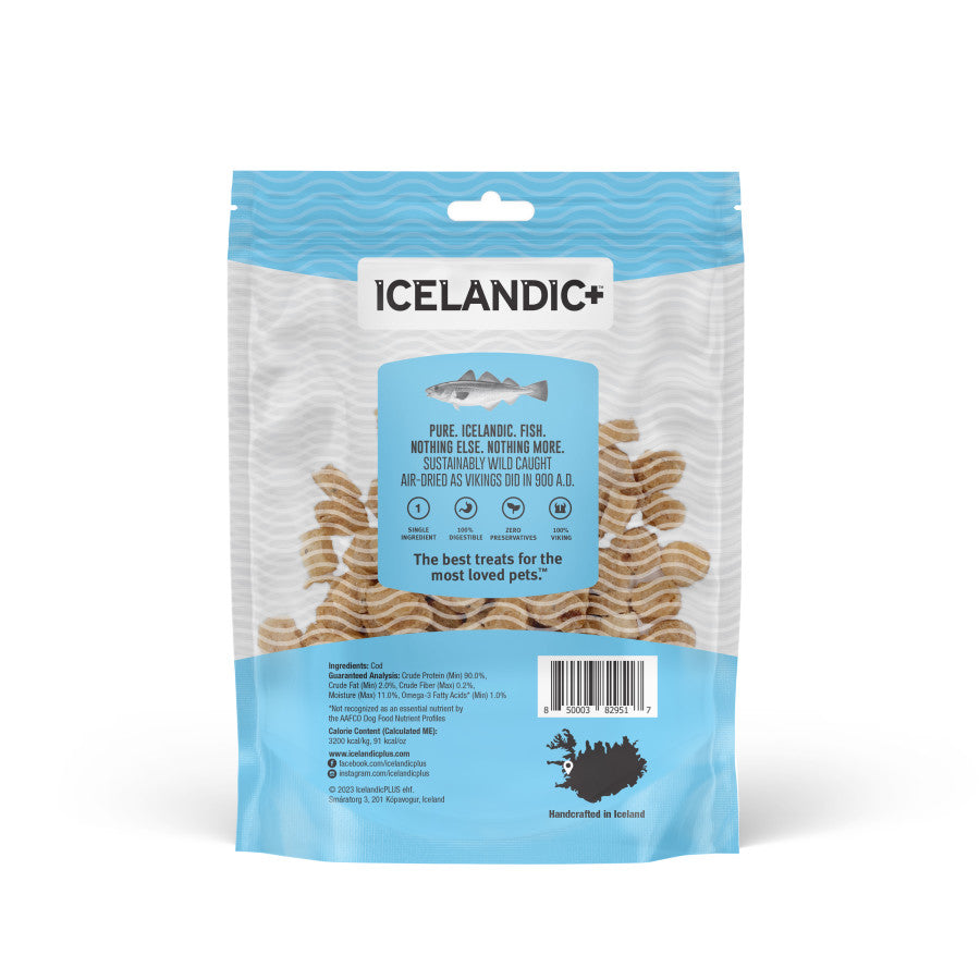 Icelandic+ Mini Fish Chips Cod bag showing air-dried, single-ingredient seafood dog treats.