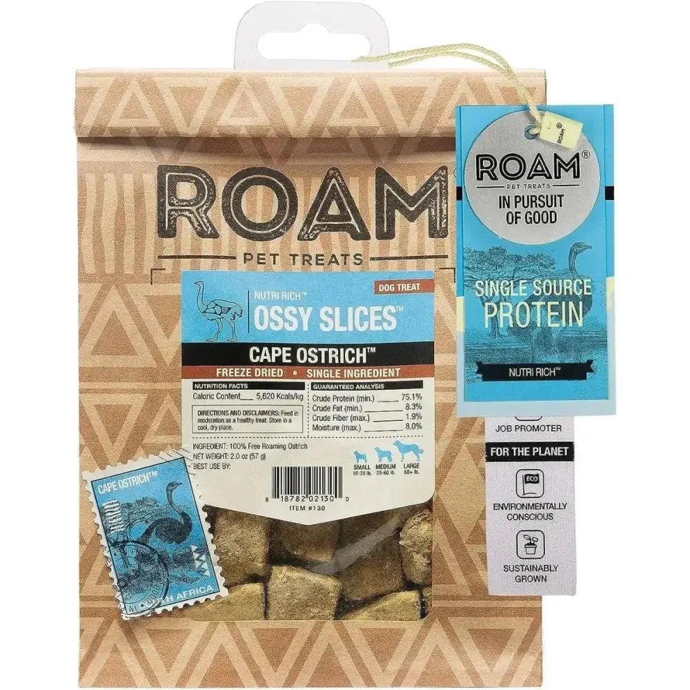 Roam Pet Ossy Slices Ostrich Novel Protein Freeze Dried Dog Treats 2 oz. - Talis Us
