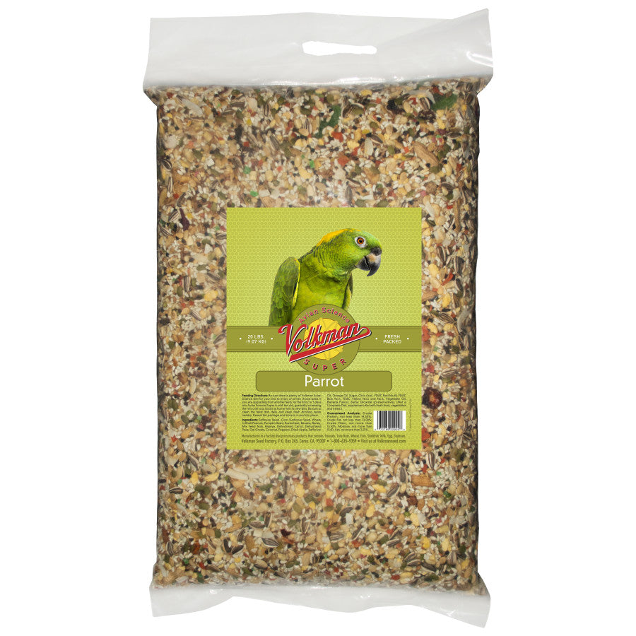20 lb bag of Volkman Avian Science Super Parrot bird food mix with a green parrot on the label.