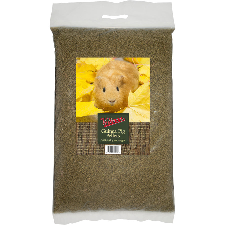 20 lb bag of Volkman Guinea Pig Pellets featuring a guinea pig on a bed of yellow autumn leaves.
