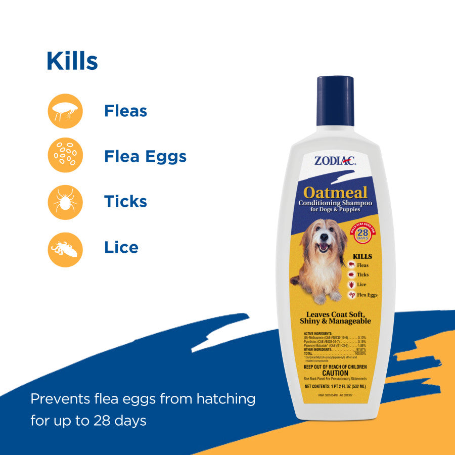 Zodiac Oatmeal Conditioning Shampoo for Dogs and Puppies kills fleas, flea eggs, ticks, and lice.