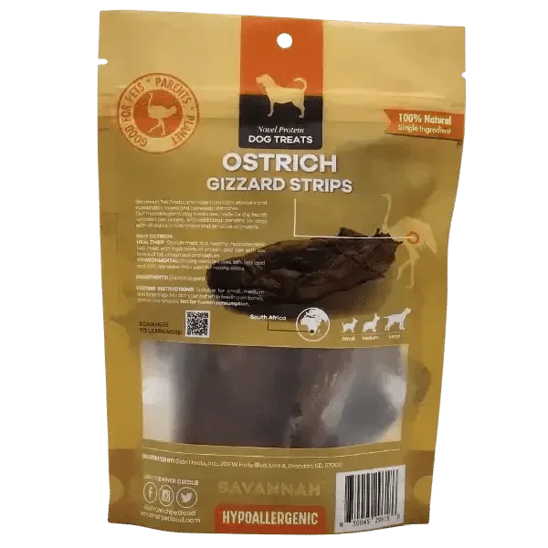 Savannah Chewy Ostrich Gizzard Strips. Protein & Omega - 3 rich, Natural Dog Chew Treat - Talis Us